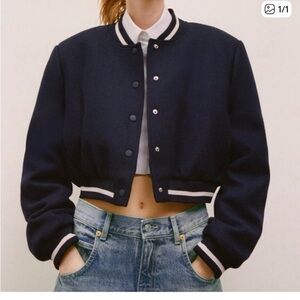 Zara Dark Blue Cropped Varsity bomber